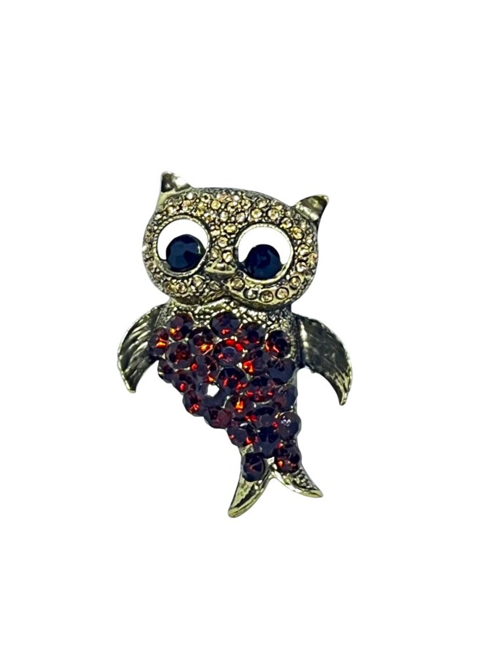 Gold Tone And Brown Rhinestone Owl Brooch With Black Eyes (6550)